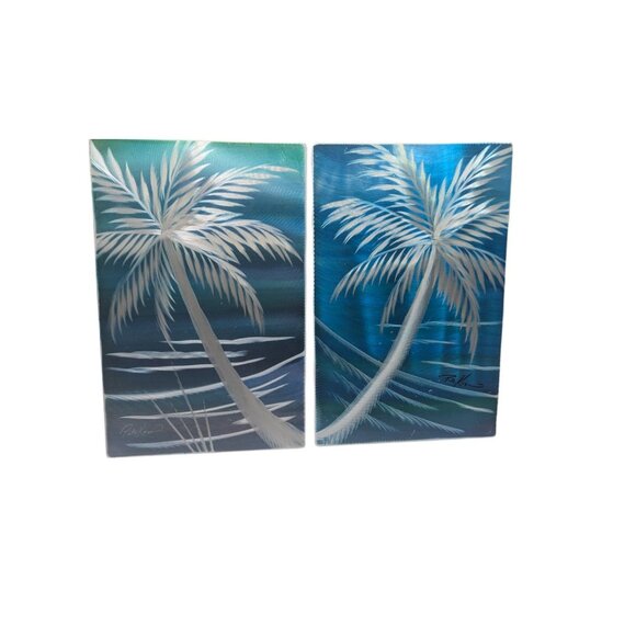 Tropical Palm Tree Metal Wall Art Set - Signed By Artist  Pete Koza- 12" x 8" - - Picture 1 of 11